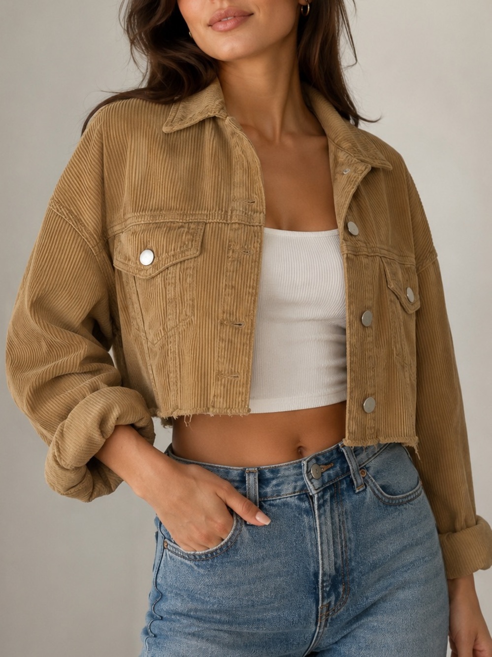 Zara TRF Cropped Corduroy Jacket in Camel Tan